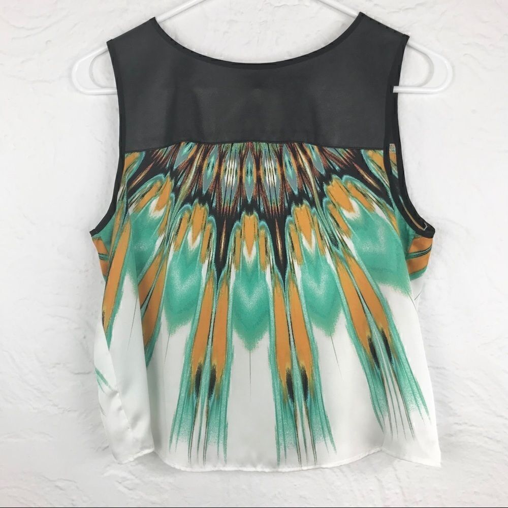 Bisou Bisou Black Faux Leather/Peacock Tie Dye Top